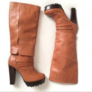 Hinge platform brown leather boots